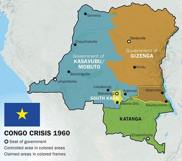 Carte des zones contrôlées par la rébellion Simba dans l'est et le centre du Congo