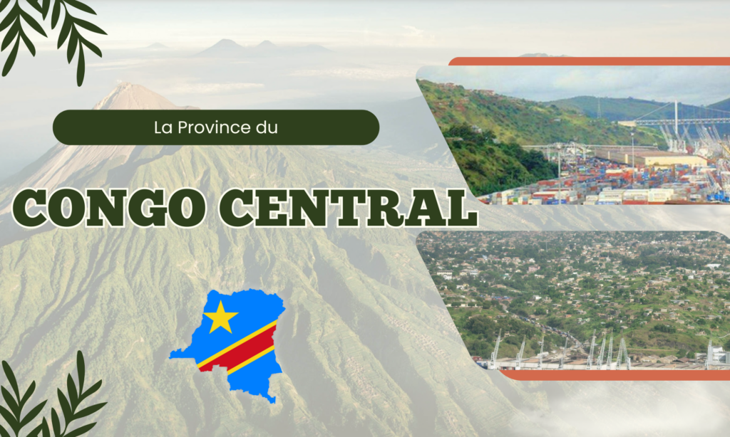 Banner announcing La Province du Congo Central with a map of the Congo and a mountain landscape.