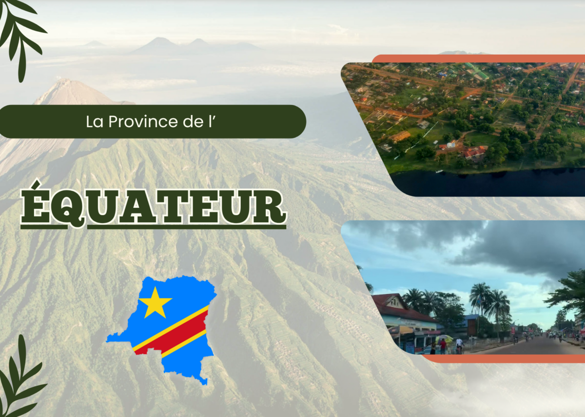 Decorative banner about Ecuador with Andes mountains, a stylized map of Ecuador and village scenes in rounded panels flagged by bold ÉQUATEUR text.