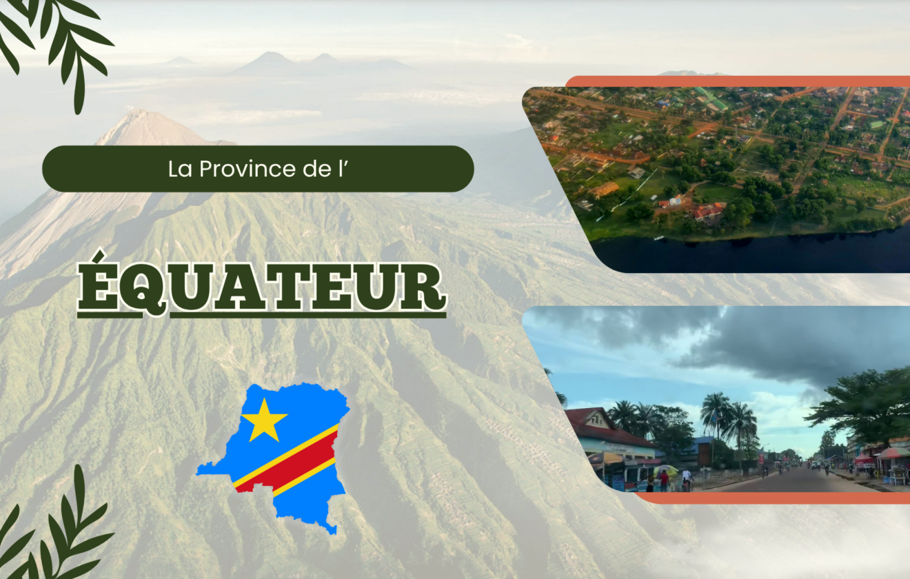 Decorative banner about Ecuador with Andes mountains, a stylized map of Ecuador and village scenes in rounded panels flagged by bold ÉQUATEUR text.