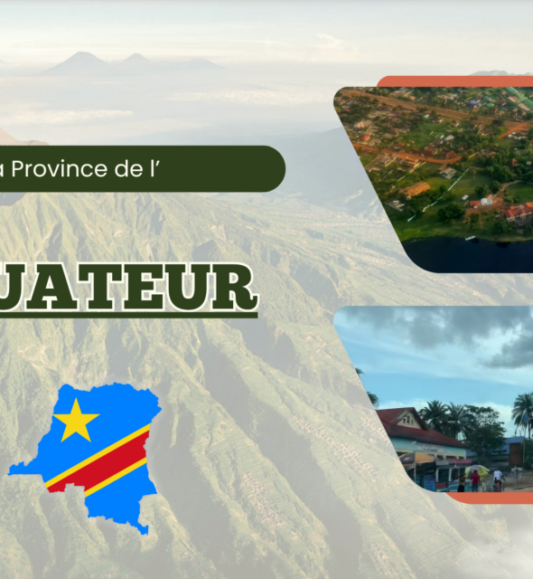 Decorative banner about Ecuador with Andes mountains, a stylized map of Ecuador and village scenes in rounded panels flagged by bold ÉQUATEUR text.