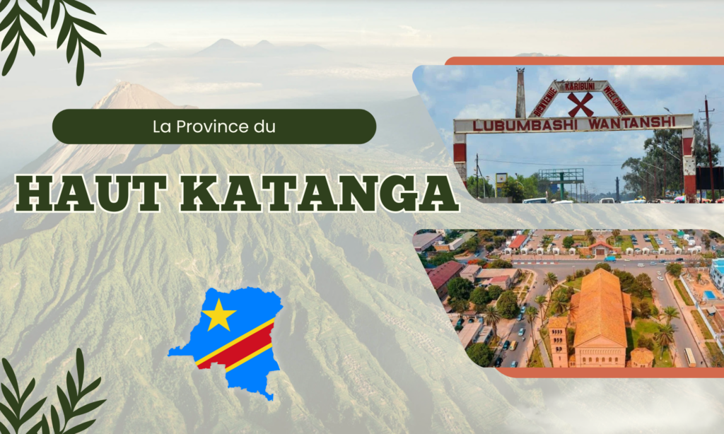 Banner introducing Haut-Katanga province with bold title and a collage of regional imagery and a map silhouette.